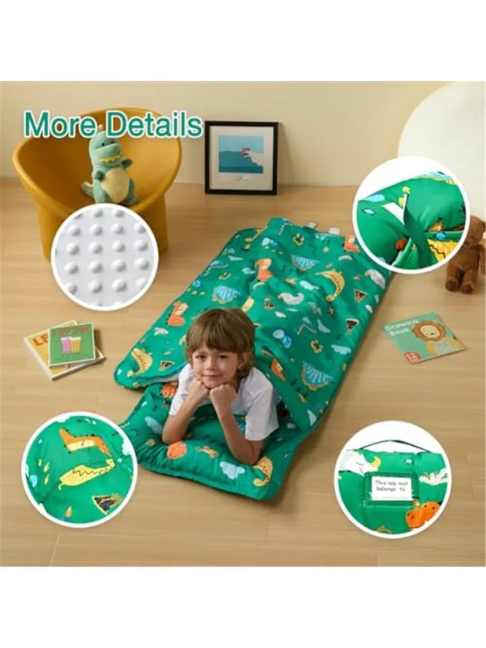 Toddler Nap Mat Rollup Design Kid Sleeping Mat with Removable Pillow & Minky